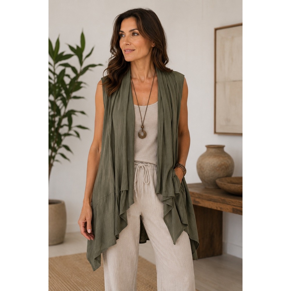NICHE Nilgun Derman linen blend‎ vest top duster Sz L boho lagenlook olive green